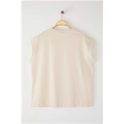 Bej Bisiklet Yaka Taşlı %100 Pamuk Örme T-Shirt TBBSS23BF00041