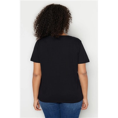 Siyah-Beyaz 2'li Paket Basic V Yaka %100 Pamuk Örme Büyük Beden T-Shirt TBBSS22TS0705