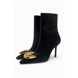 HIGH-HEEL LEATHER ANKLE BOOTS WITH METAL FLOWER