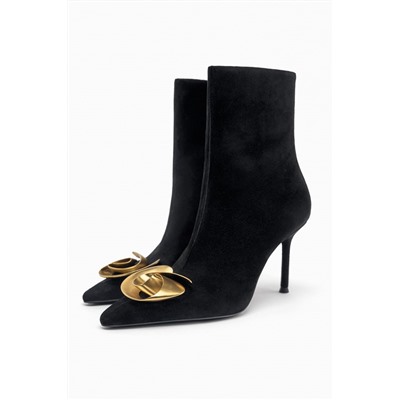 HIGH-HEEL LEATHER ANKLE BOOTS WITH METAL FLOWER