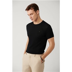 Avva, Erkek Siyah Soft Touch Modal Bisiklet Yaka Dokulu Ribanalı Triko T-shirt B005010