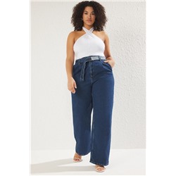 Trendyol Curve Mavi Yüksek Bel Kemerli Geniş Paça Comfort Büyük Beden Wide Leg Jean TBBSS25CJ00009