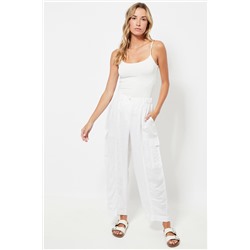 Pantalón recto cargo cintura alta de lino - Blanco