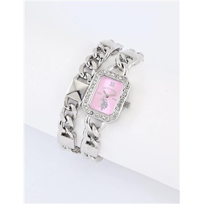 LADIES SILVER AND PINK BRACELET WATCH