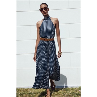 POLKA DOT HALTER MIDI DRESS WITH BELT