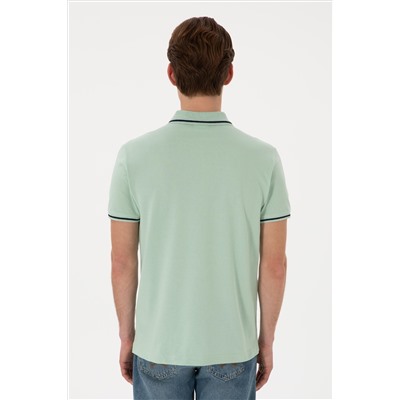 Erkek Slim Fit Polo Yaka Su Yeşili Basic Tişört