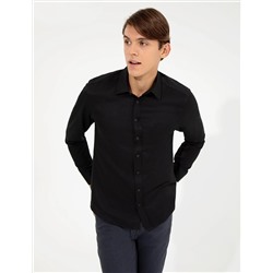 Siyah Slim Fit Armürlü Klasik Gömlek