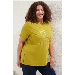 Yeşil Bisiklet Yaka Metalik Baskılı %100 Pamuk Örme T-Shirt TBBSS22TS2287
