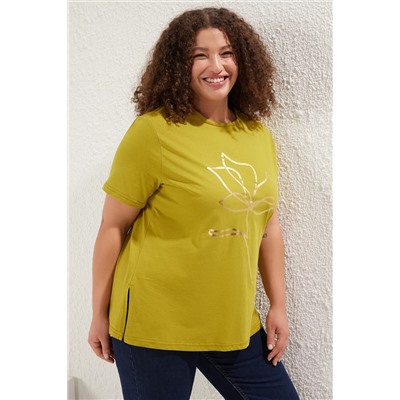 Yeşil Bisiklet Yaka Metalik Baskılı %100 Pamuk Örme T-Shirt TBBSS22TS2287