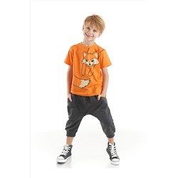 Denokids Turuncu Tilki Erkek Çocuk Turuncu T-shirt Koyu Gri Kapri Şort Takım CFF-23Y1-049