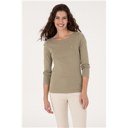 Kadın Açık Haki Slim Bisiklet Yaka Basic Sweatshırt