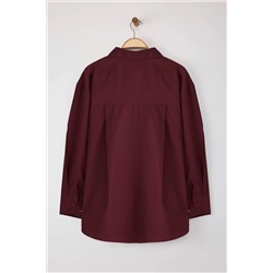 Koyu Bordo Loose Fit Pamuklu Uzun Kol Büyük Beden Dokuma Gömlek TBBSS22GO0323
