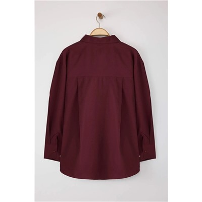 Koyu Bordo Loose Fit Pamuklu Uzun Kol Büyük Beden Dokuma Gömlek TBBSS22GO0323