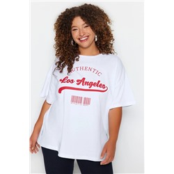Beyaz Geniş Kalıp Bisiklet Yaka Baskılı %100 Pamuk Örme T-shirt TBBSS23AH00131