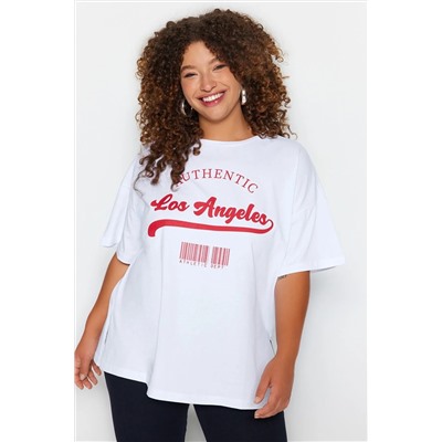 Beyaz Geniş Kalıp Bisiklet Yaka Baskılı %100 Pamuk Örme T-shirt TBBSS23AH00131