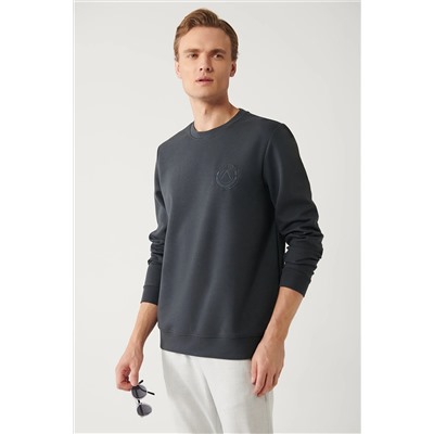 Avva Erkek Antrasit İnterlok Kumaş Bisiklet Yaka Göğüsü Nakışlı Sweatshirt A32Y1396
