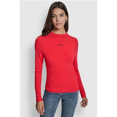 SIDE RUCHED HIGH NECK LONG SLEEVE TOP WITH RHINESTONE