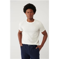 Avva, Erkek Beyaz Soft Touch Modal Bisiklet Yaka Dokulu Ribanalı Triko T-shirt B005010