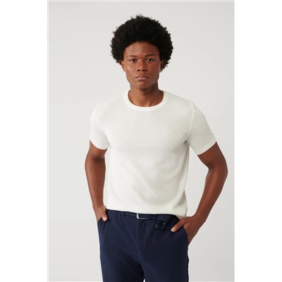 Avva, Erkek Beyaz Soft Touch Modal Bisiklet Yaka Dokulu Ribanalı Triko T-shirt B005010