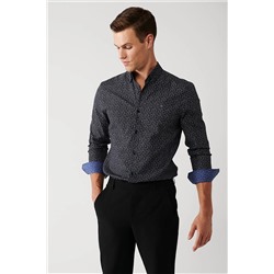 Avva Erkek Siyah Alttan Britli Yaka Desenli Pamuklu Slim Fit Gömlek A32Y2171