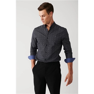 Avva Erkek Siyah Alttan Britli Yaka Desenli Pamuklu Slim Fit Gömlek A32Y2171