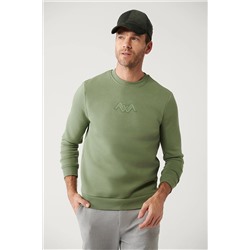 Avva Erkek Nil Yeşili Şardonlu Kumaş Bisiklet Yaka Flok Baskılı Sweatshirt A32Y1273