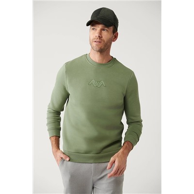 Avva Erkek Nil Yeşili Şardonlu Kumaş Bisiklet Yaka Flok Baskılı Sweatshirt A32Y1273
