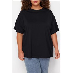 Siyah Bisiklet Yaka Baskılı %100 Pamuk Örme T-Shirt TBBSS23BF00024