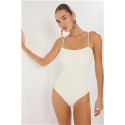 Trendyolmilla Ekru Straplez Dokulu Yaprak Desenli Regular Mayo TBESS25MA00054