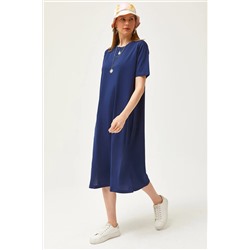Olalook, Kadın Lacivert Yanı Yırtmaçlı Oversize Pamuk Elbise ELB-19001880