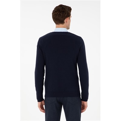 Erkek Slim Fit V Yaka Lacivert Basic Kazak