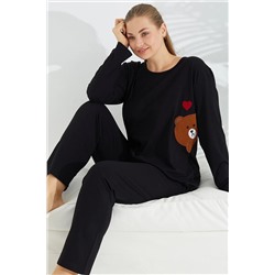 Siyah İnci siyah Pamuklu Likralı Curve Büyük Beden Battal Örme Pijama Takım 23240598