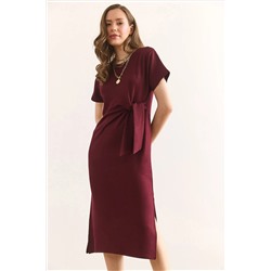 Olalook, Kadın Bordo Bel Detaylı Yırtmaçlı Yumuşak Dokulu Elbise ELB-19002395