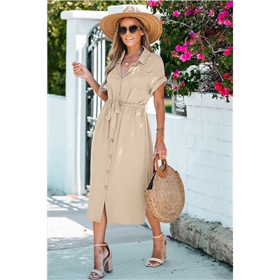Belted Button-Front Midi Dress
