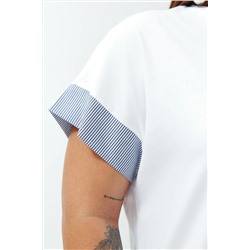 Beyaz Oversize Kolda Çizgili Poplin Kumaş Detaylı %100 Pamuk Örme Büyük Beden T-Shirt TBBSS24BF00001