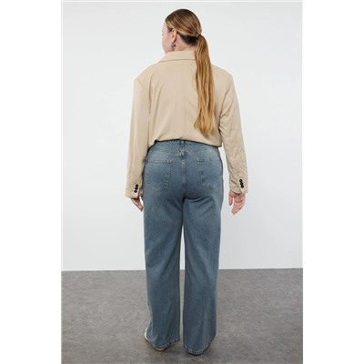 Mavi Yüksek Bel Soluk Efekt Vintage Yıkama Geniş Paça Büyük Beden Wide Leg Jeans TBBSS24CJ00042
