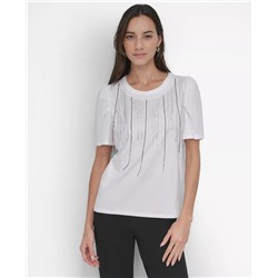 Women's Crewneck Embellished-Fringe Short-Sleeve Top