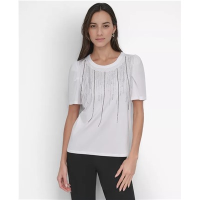 Women's Crewneck Embellished-Fringe Short-Sleeve Top