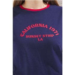 Lacivert Bisiklet Yaka Basklı Örme Büyük Beden T-Shirt TBBSS25BF00014