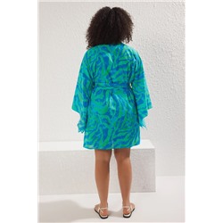 Mavi Soyut Desenli Kuşaklı Mini Dokuma Büyük Beden Kimono&Kaftan TBBSS25DE00004