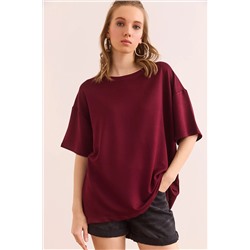 Olalook, Kadın Bordo Bisiklet Yaka Oversize Yumuşak Dokulu Tişört TSH-19000865