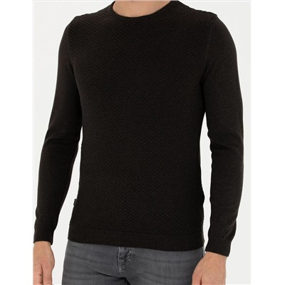 Kahverengi Slim Fit Bisiklet Yaka Triko Kazak