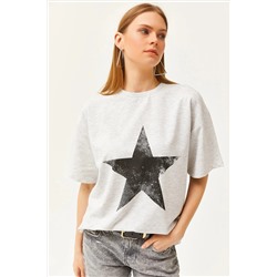 Olalook, Kadın Yıldız Gri Ön Arka Baskılı 2 iplik Unisex Oversize Tişört TSH-19000696