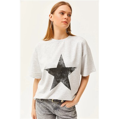 Olalook, Kadın Yıldız Gri Ön Arka Baskılı 2 iplik Unisex Oversize Tişört TSH-19000696