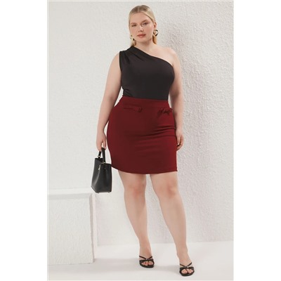 Bordo Mini Fiyonklu Dokuma Büyük Beden Etek TBBSS25AZ00024
