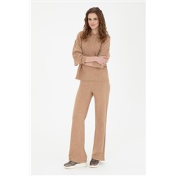 Kadın Kum Melanj Loose Fit Triko Pantolon