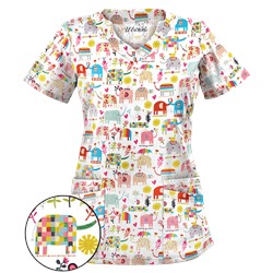 UA Lucky Elephants White Print Scrub Top
