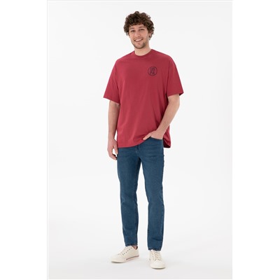 Erkek Oversize Fit Bisiklet Yaka Vişne Tişört