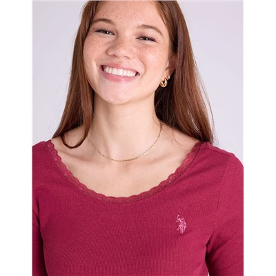 LACE TRIM SCOOP NECK RIB TOP