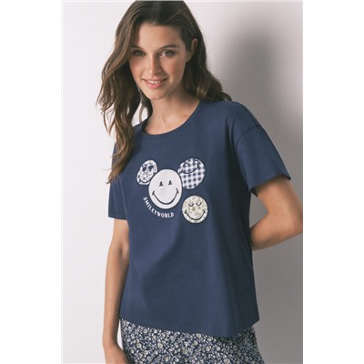 Pijama Capri 100% algodón Smiley azul